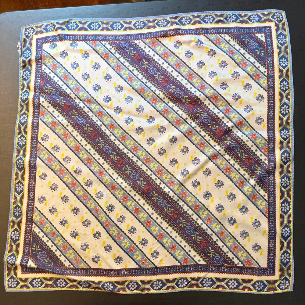 Vintage Japan Acetate Square Scarf‎ Bundle Floral Geometric Blue Yellow Grey 2pc